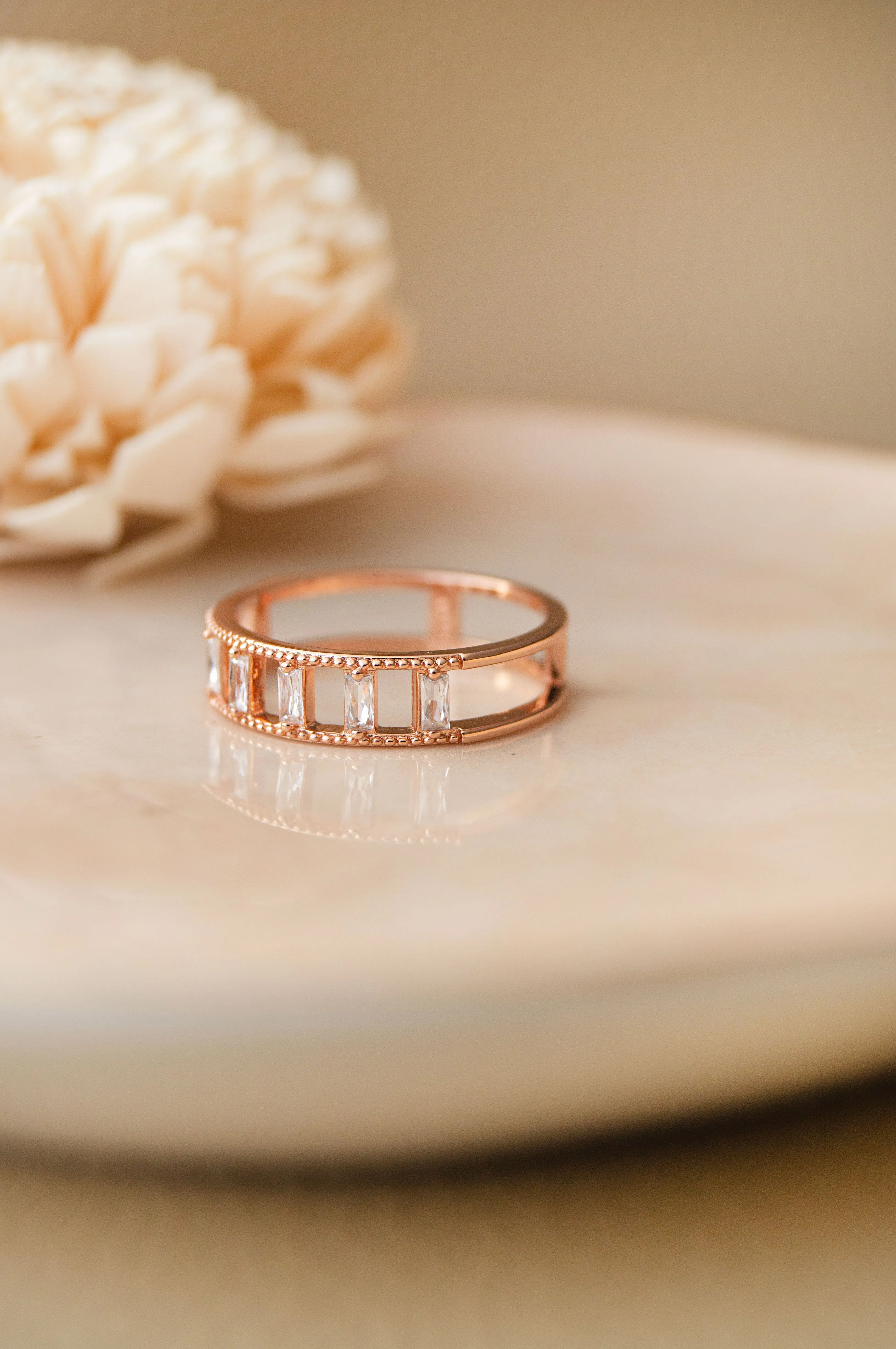 Baguette Station Band Rose Gold Plated Sterling Silver Band Ring