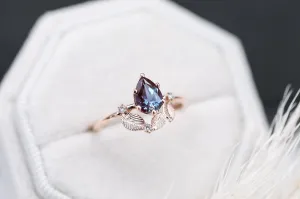 Beautiful engagement ring with pear Chatham alexandrite, diamonds cluster ring, unique ring.
