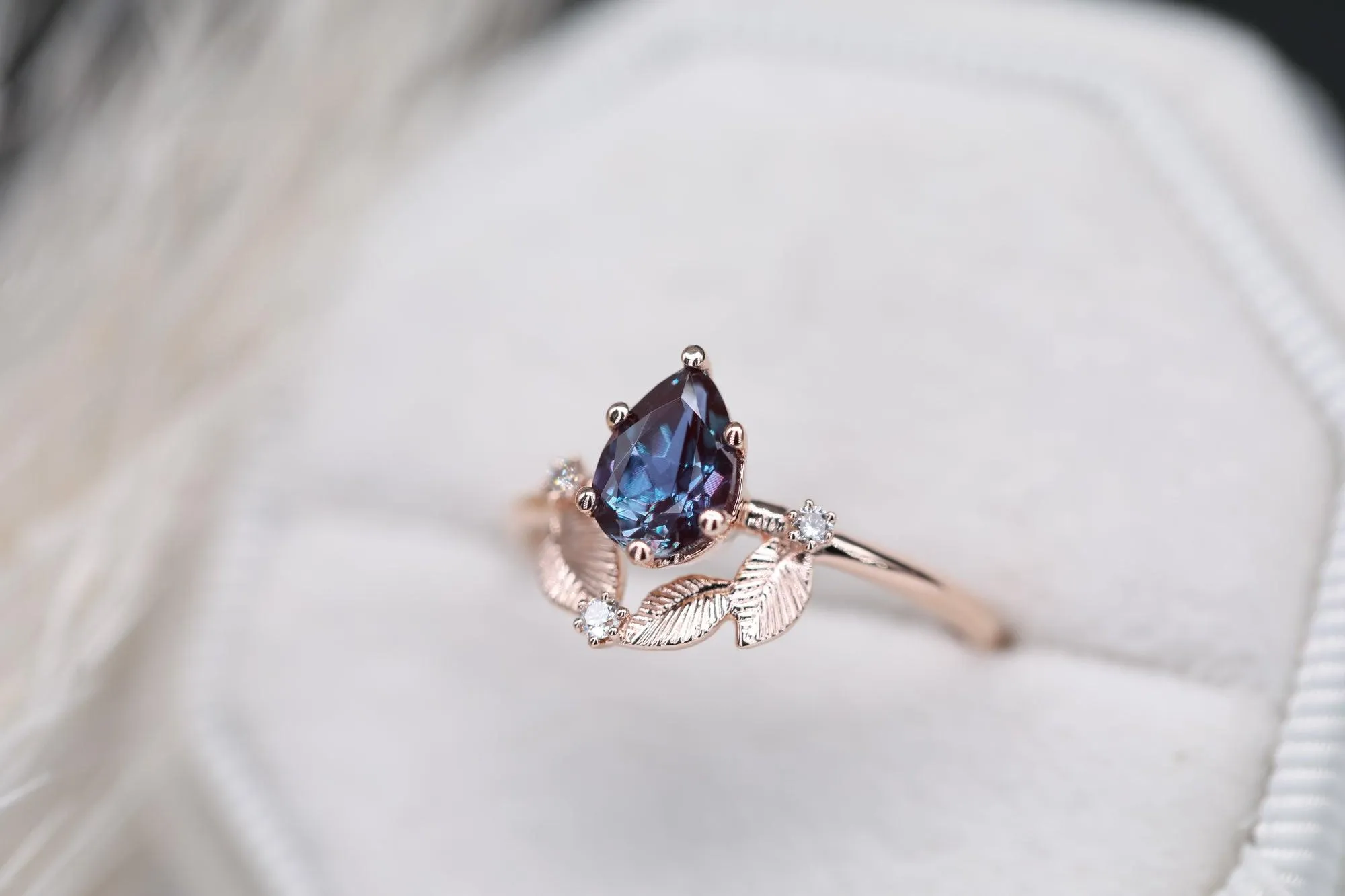 Beautiful engagement ring with pear Chatham alexandrite, diamonds cluster ring, unique ring.