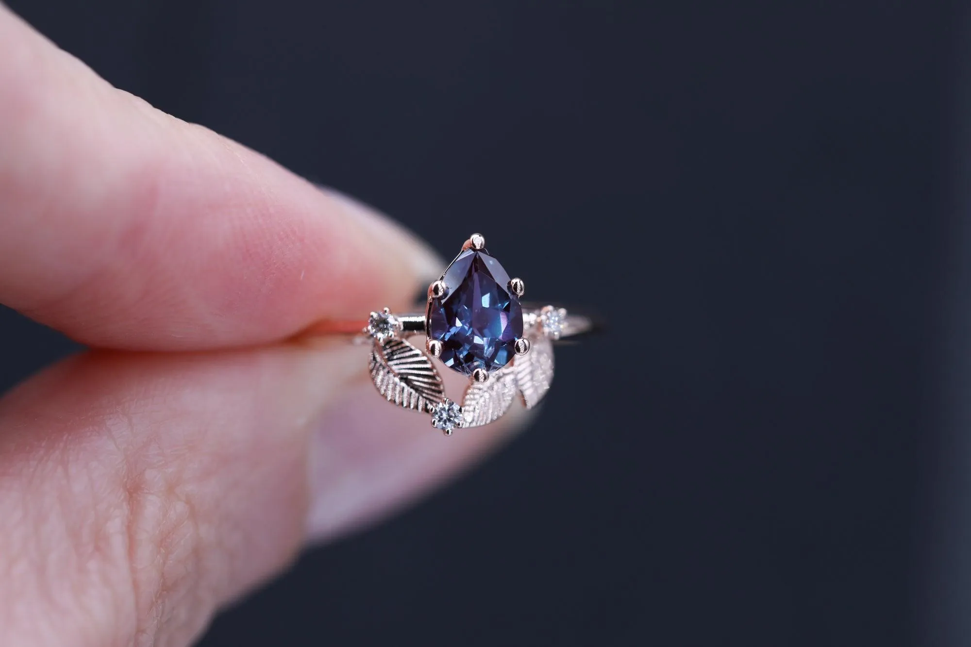 Beautiful engagement ring with pear Chatham alexandrite, diamonds cluster ring, unique ring.