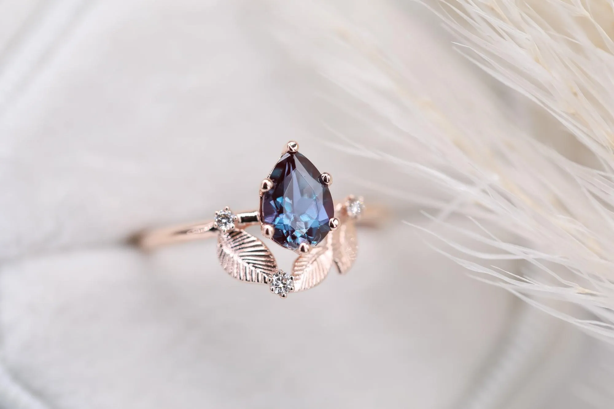 Beautiful engagement ring with pear Chatham alexandrite, diamonds cluster ring, unique ring.