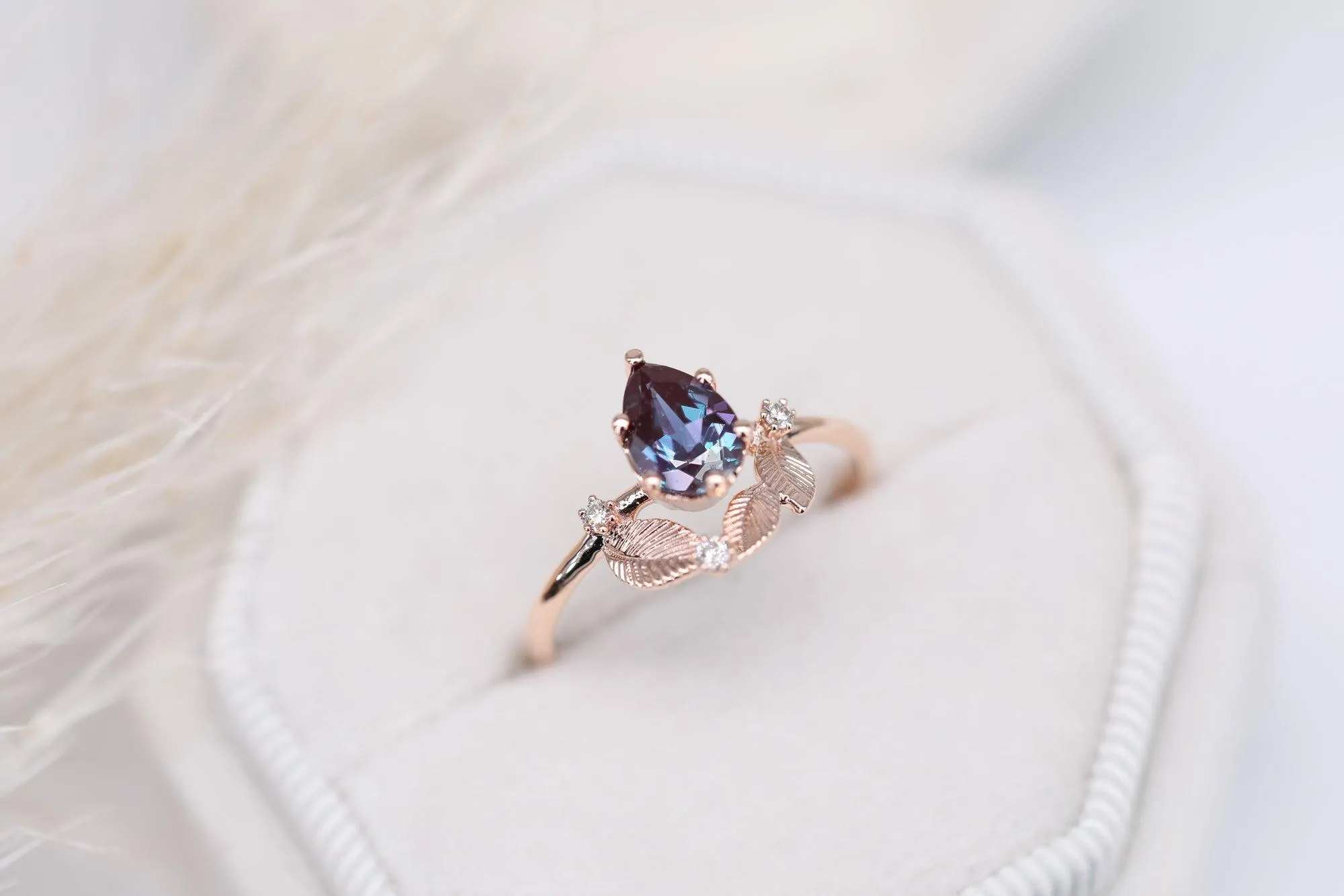 Beautiful engagement ring with pear Chatham alexandrite, diamonds cluster ring, unique ring.