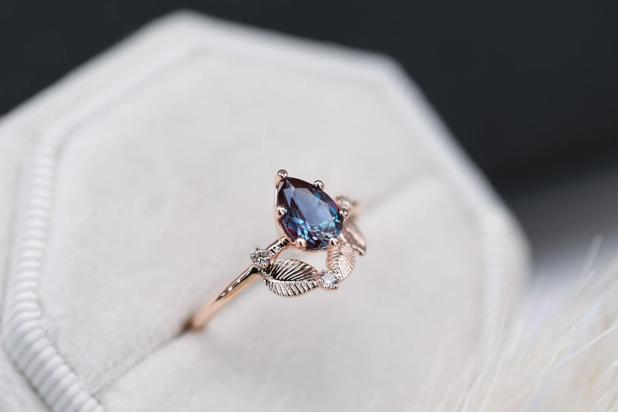 Beautiful engagement ring with pear Chatham alexandrite, diamonds cluster ring, unique ring.