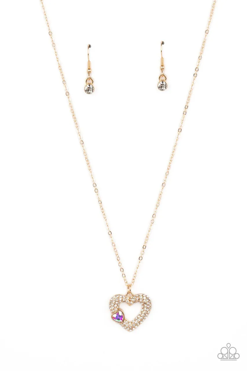 Bedazzled Bliss - Multi - Iridescent Rhinestone Gold Heart Paparazzi Short Necklace