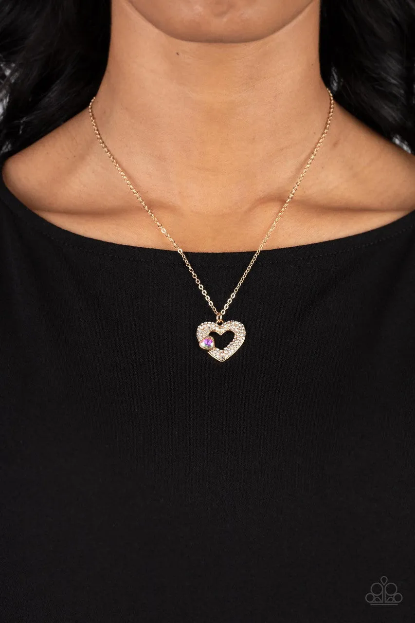 Bedazzled Bliss - Multi - Iridescent Rhinestone Gold Heart Paparazzi Short Necklace