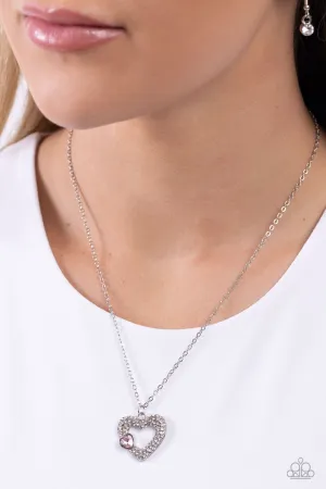 Bedazzled Bliss - Pink - Heart Gem White Rhinestone Encrusted Pendant Paparazzi Short Necklace