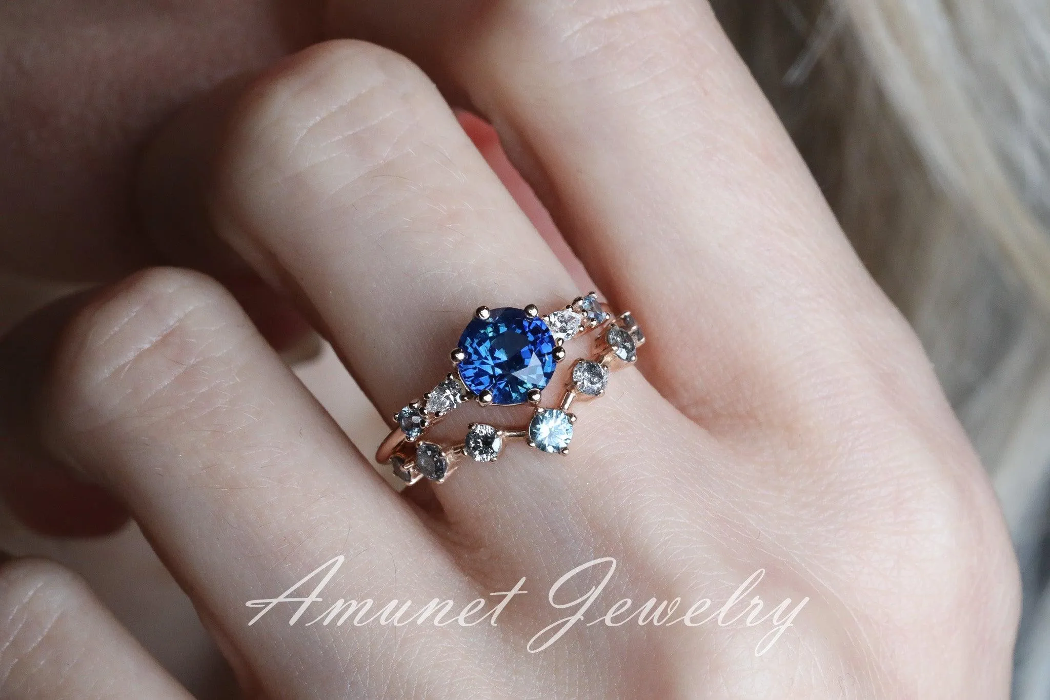Blue Sapphire ring,sapphire engagement ring, blue sapphire cluster ring,unique ring.