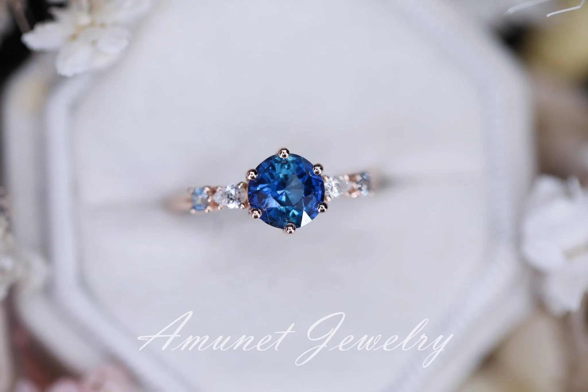 Blue Sapphire ring,sapphire engagement ring, blue sapphire cluster ring,unique ring.
