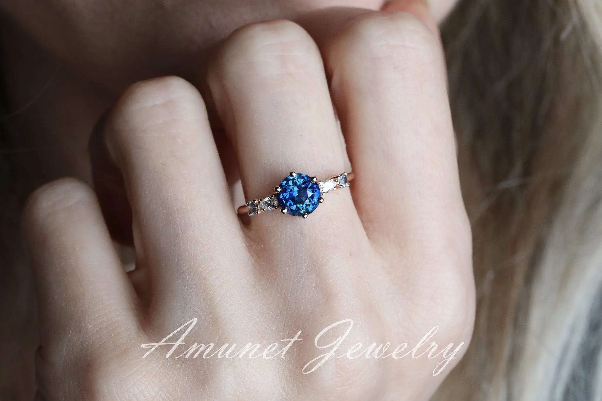 Blue Sapphire ring,sapphire engagement ring, blue sapphire cluster ring,unique ring.
