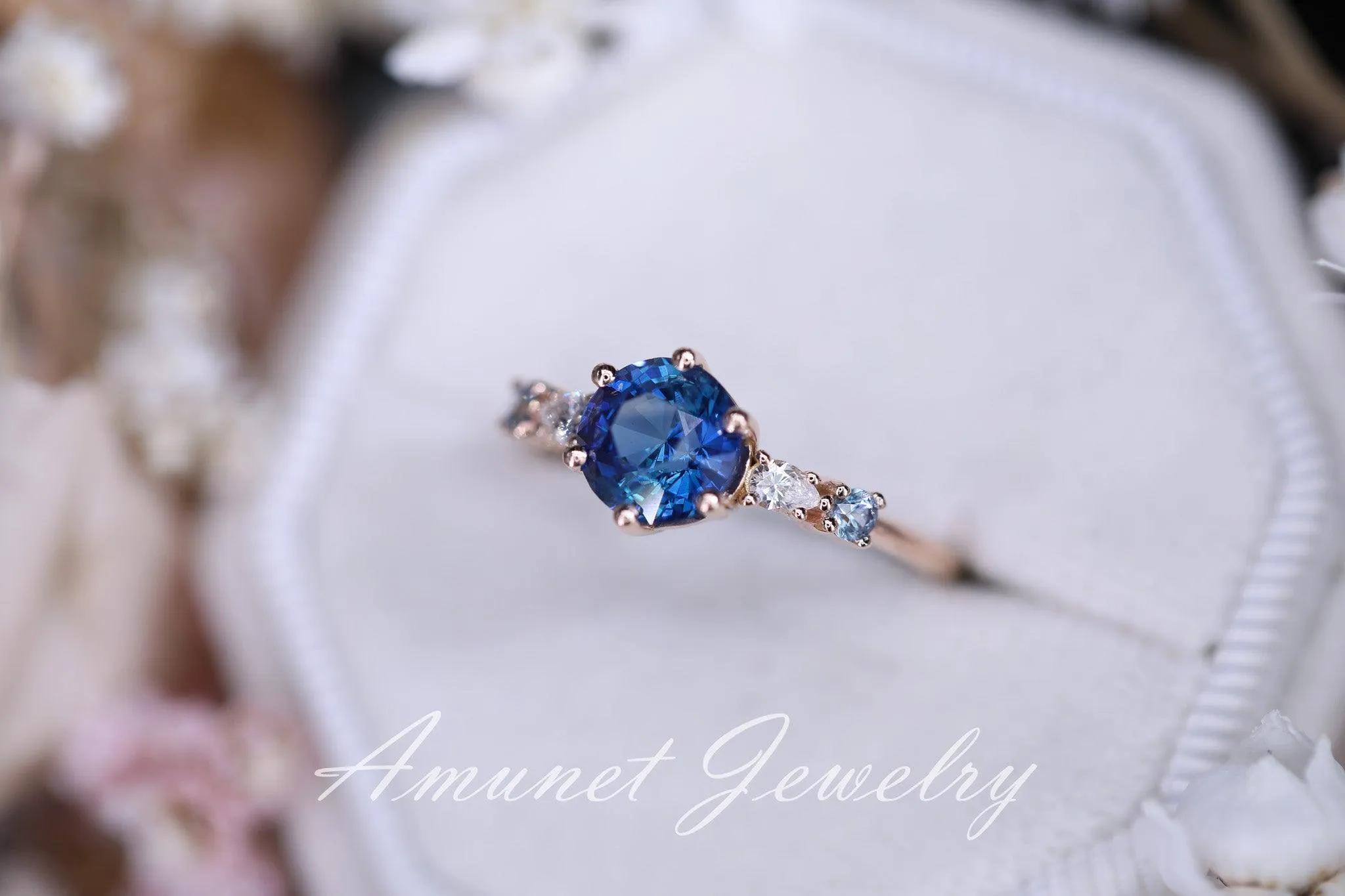 Blue Sapphire ring,sapphire engagement ring, blue sapphire cluster ring,unique ring.