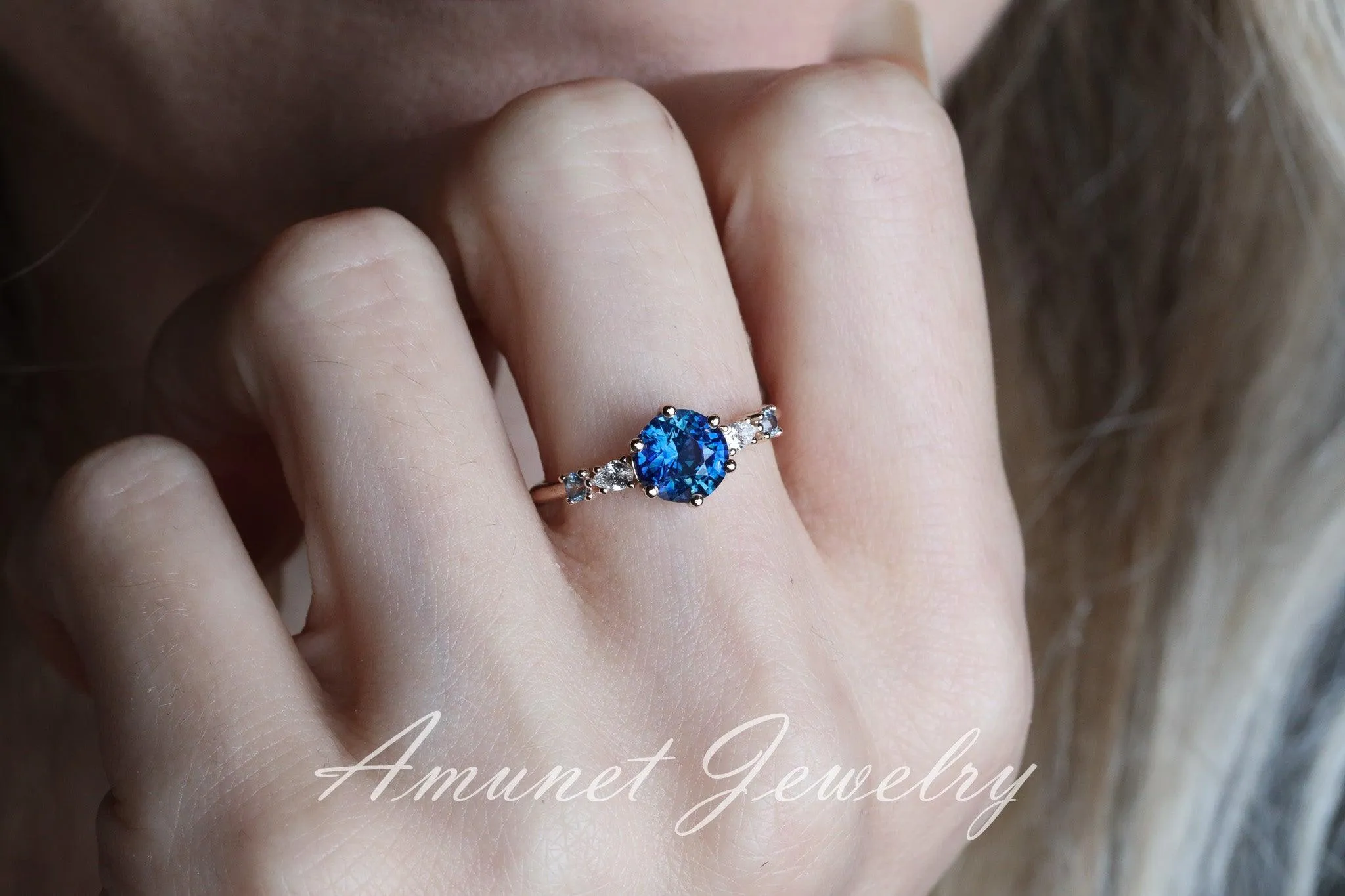 Blue Sapphire ring,sapphire engagement ring, blue sapphire cluster ring,unique ring.