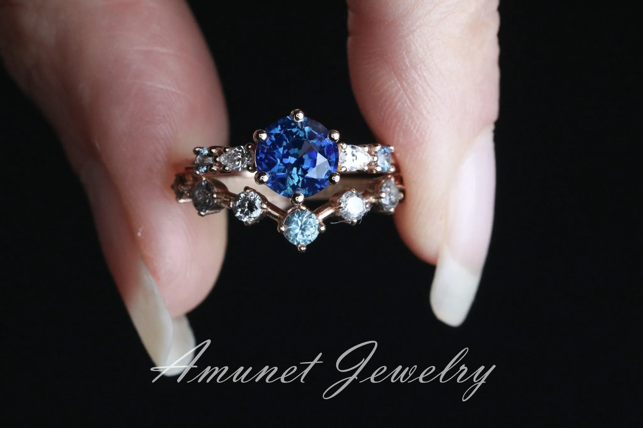 Blue Sapphire ring,sapphire engagement ring, blue sapphire cluster ring,unique ring.