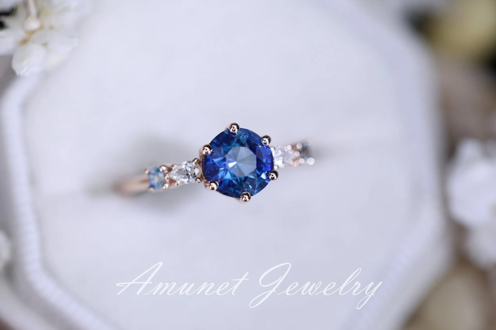 Blue Sapphire ring,sapphire engagement ring, blue sapphire cluster ring,unique ring.