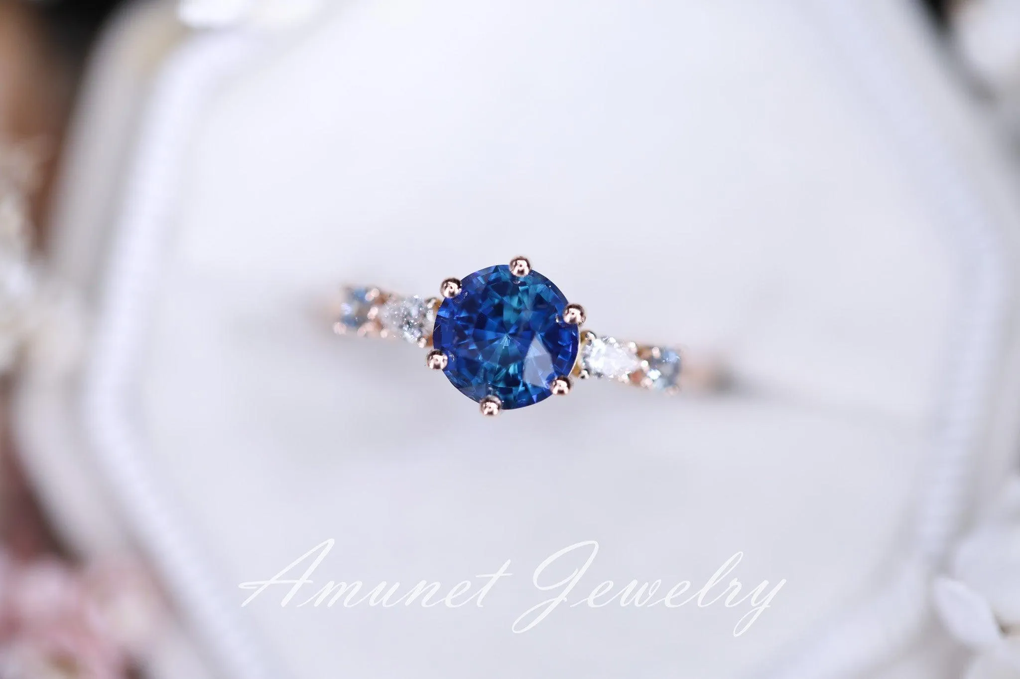 Blue Sapphire ring,sapphire engagement ring, blue sapphire cluster ring,unique ring.