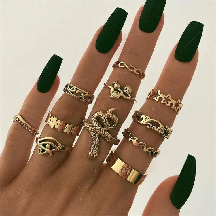 Boho Vintage Gold Star Knuckle Rings For Women BOHO Crystal Star Crescent Geometric Female Finger Rings Set Jewelry