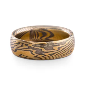 Bold and Earthy Mokume Gane Ring or Wedding Band in Twist Pattern and Oxidized Spark Palette