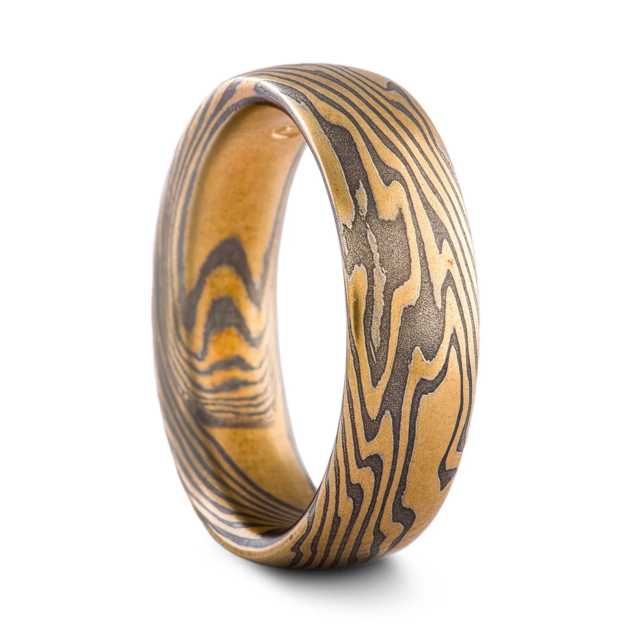 Bold and Earthy Mokume Gane Ring or Wedding Band in Twist Pattern and Oxidized Spark Palette