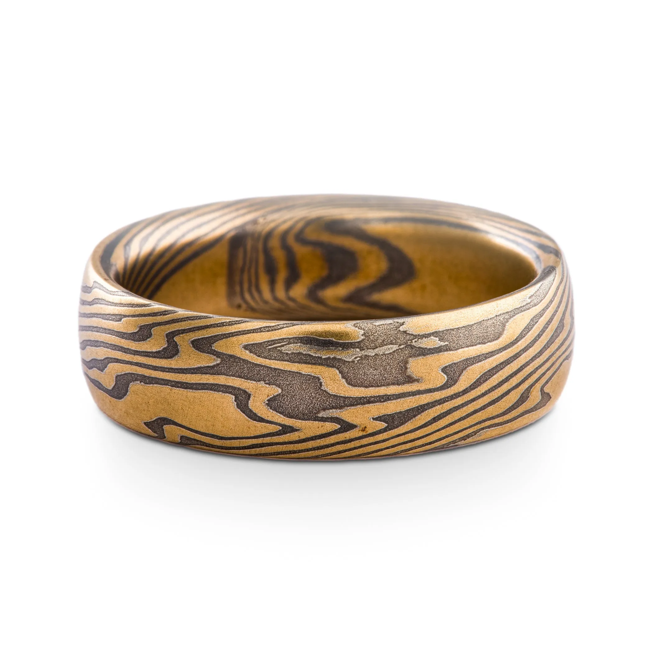 Bold and Earthy Mokume Gane Ring or Wedding Band in Twist Pattern and Oxidized Spark Palette