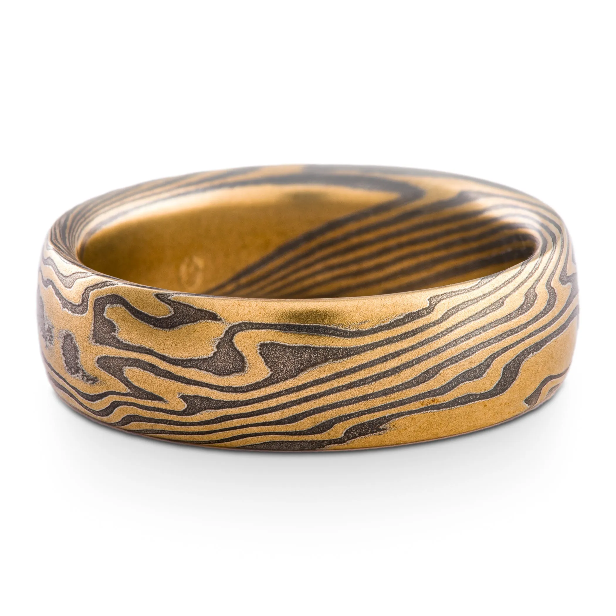 Bold and Earthy Mokume Gane Ring or Wedding Band in Twist Pattern and Oxidized Spark Palette