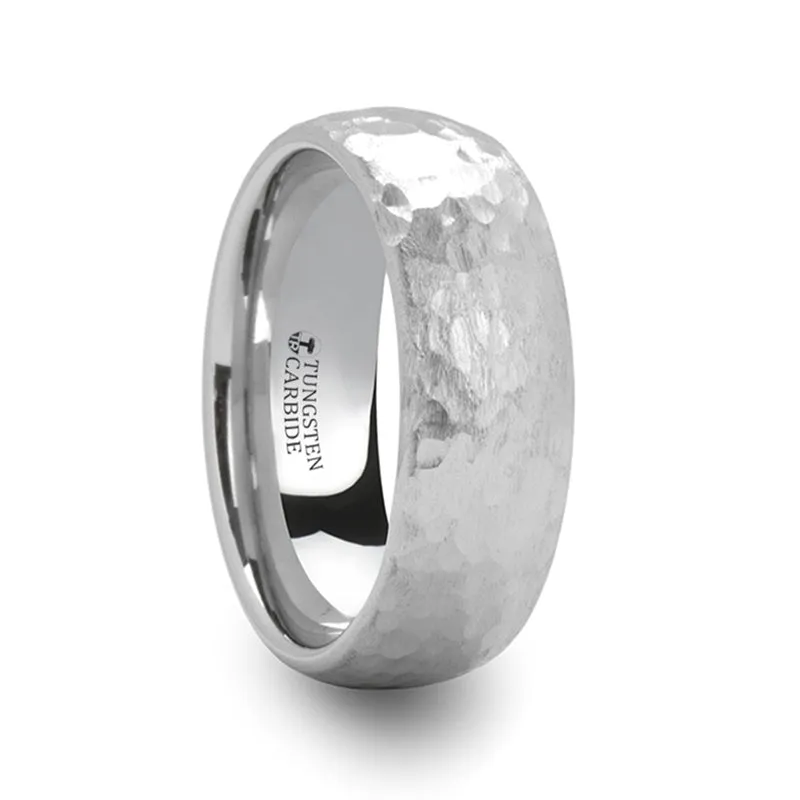 CHANDLER Hammered Finish Domed White Tungsten Ring - 6mm & 8mm