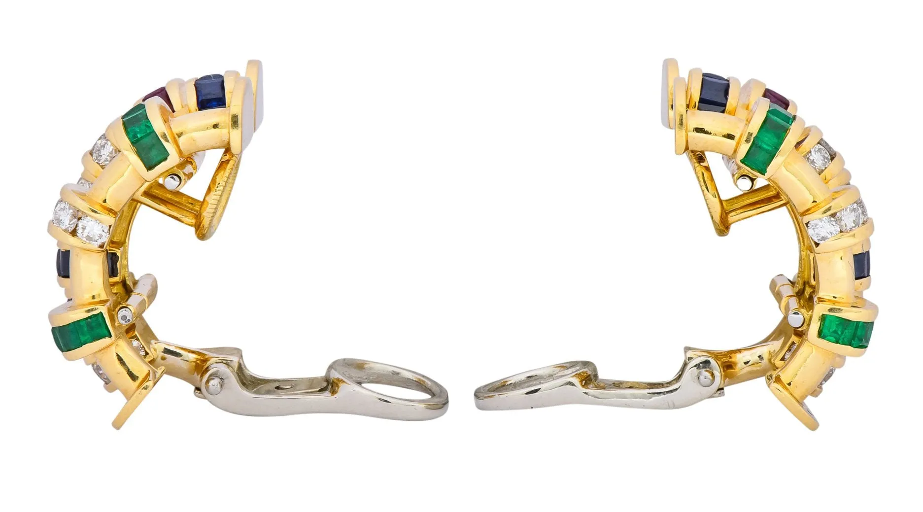 Charles Krypell 4.40 CTW Sapphire Ruby Emerald Diamond 18 Karat Gold Ear-Clip Earrings