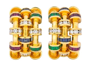 Charles Krypell 4.40 CTW Sapphire Ruby Emerald Diamond 18 Karat Gold Ear-Clip Earrings