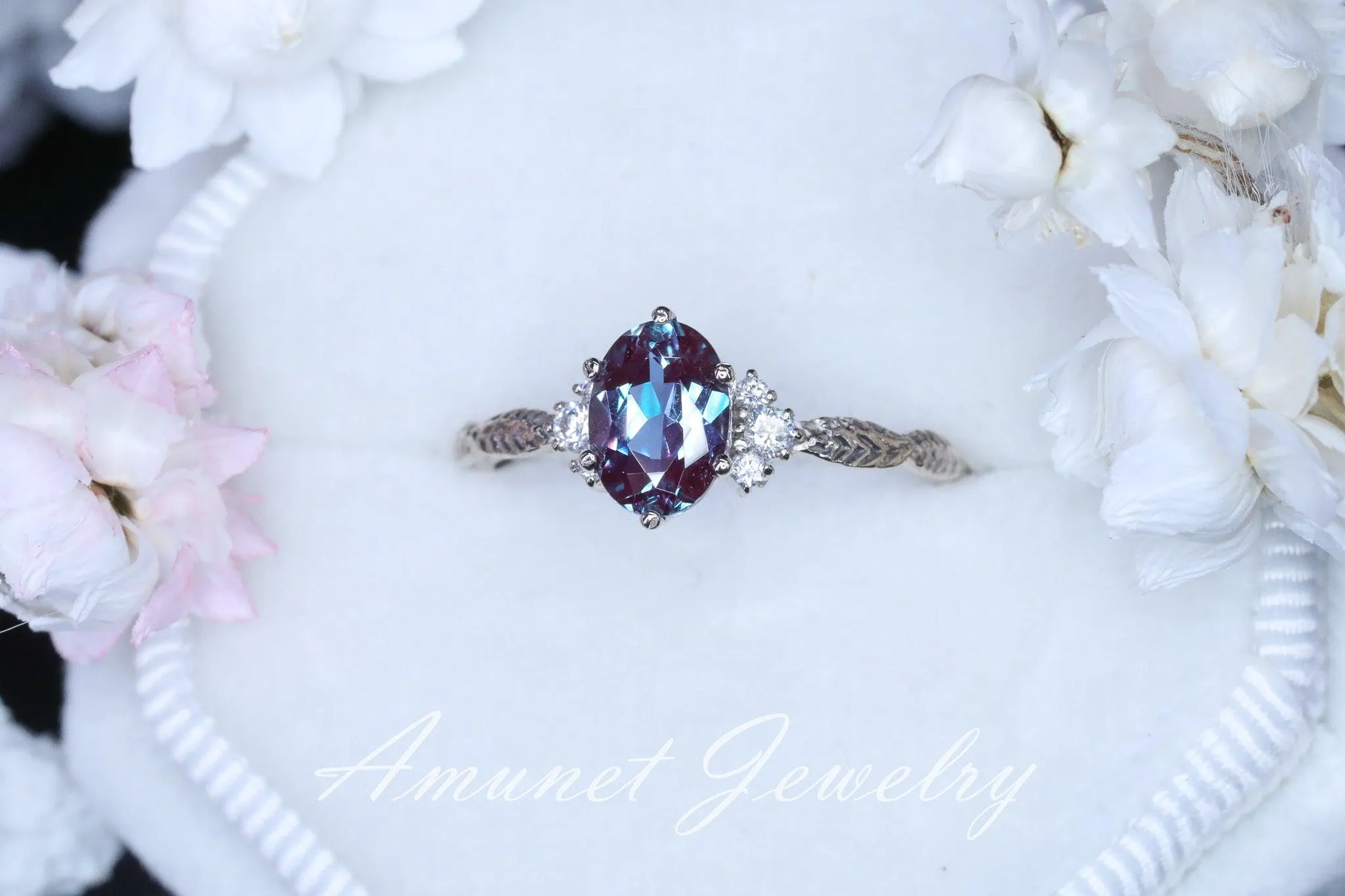 Chatham alexandrite ring, alexandrite cluster ring, Engagement ring Chatham Alexandrite, diamond ring, diamond engagement ring.