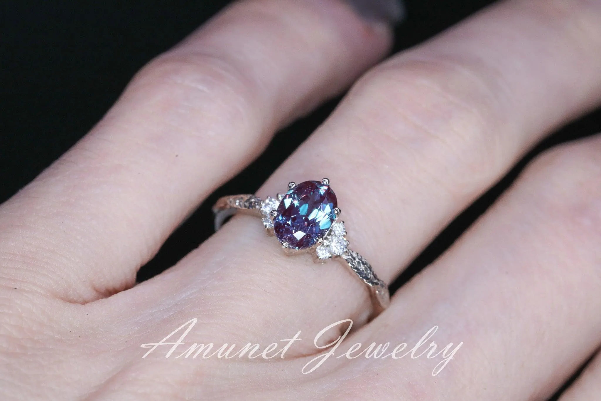 Chatham alexandrite ring, alexandrite cluster ring, Engagement ring Chatham Alexandrite, diamond ring, diamond engagement ring.