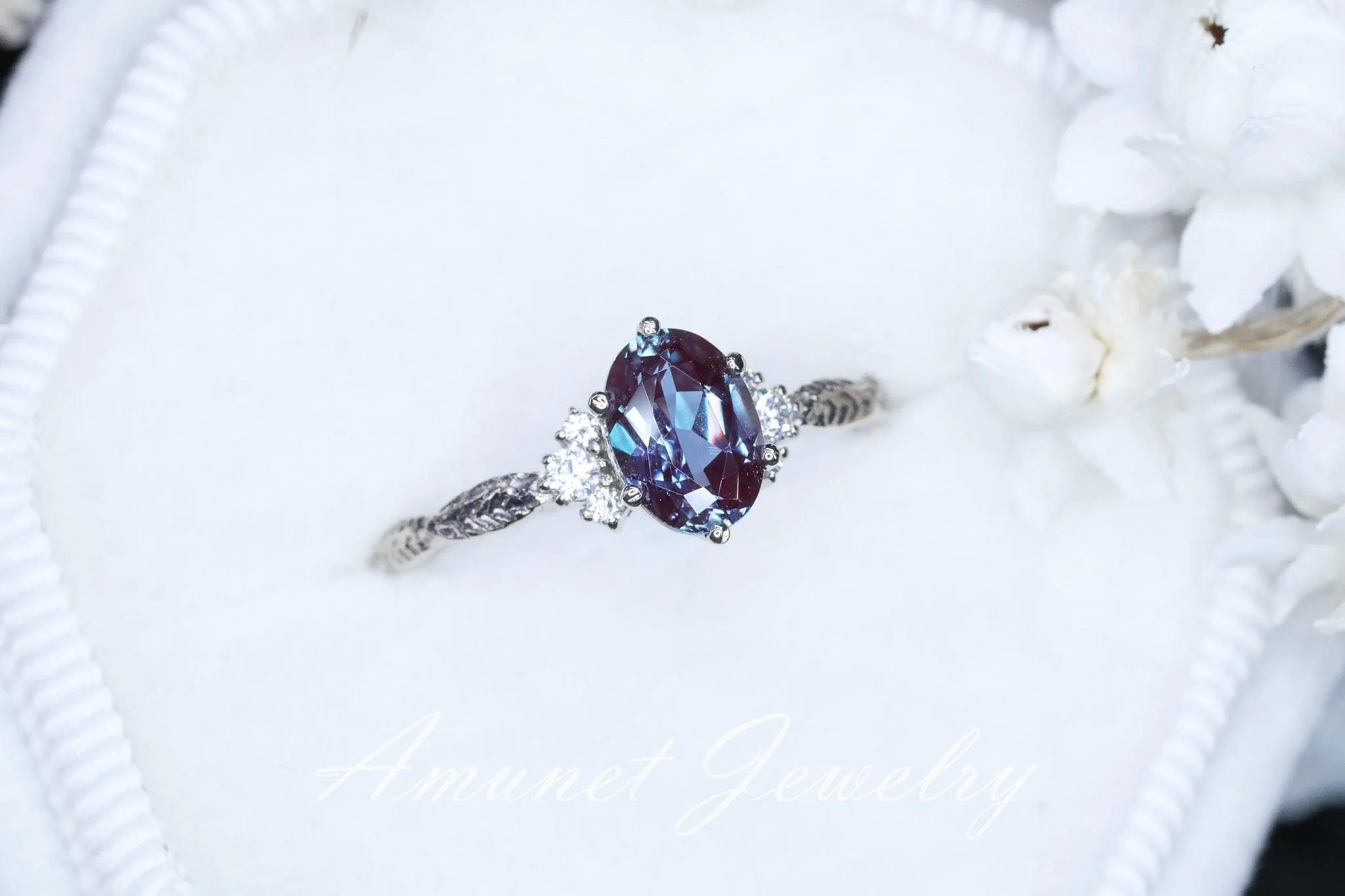 Chatham alexandrite ring, alexandrite cluster ring, Engagement ring Chatham Alexandrite, diamond ring, diamond engagement ring.