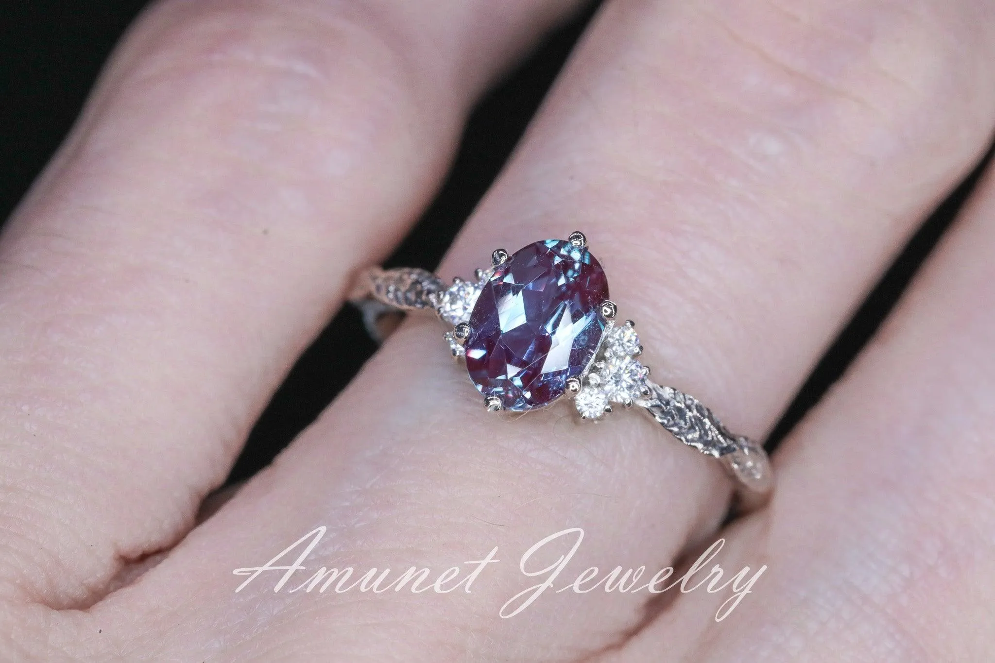 Chatham alexandrite ring, alexandrite cluster ring, Engagement ring Chatham Alexandrite, diamond ring, diamond engagement ring.