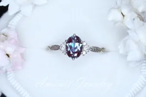 Chatham alexandrite ring, alexandrite cluster ring, Engagement ring Chatham Alexandrite, diamond ring, diamond engagement ring.