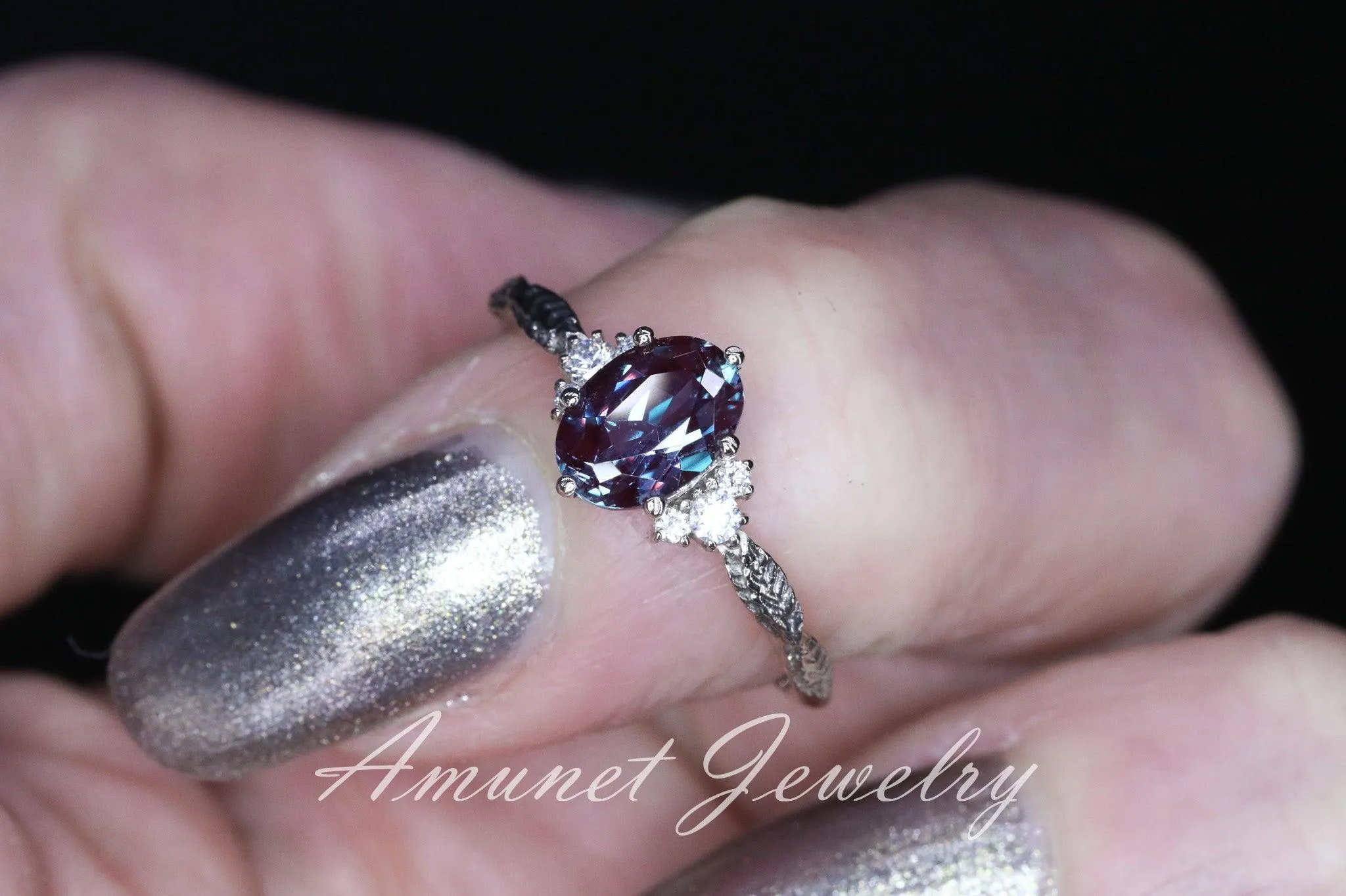 Chatham alexandrite ring, alexandrite cluster ring, Engagement ring Chatham Alexandrite, diamond ring, diamond engagement ring.