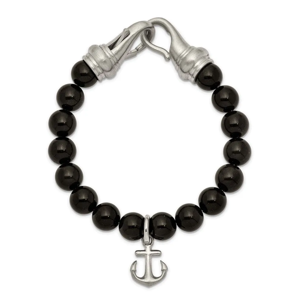 Chisel Stainless Steel Brushed Anchor Black Agate Beaded 8 inch Bracelet