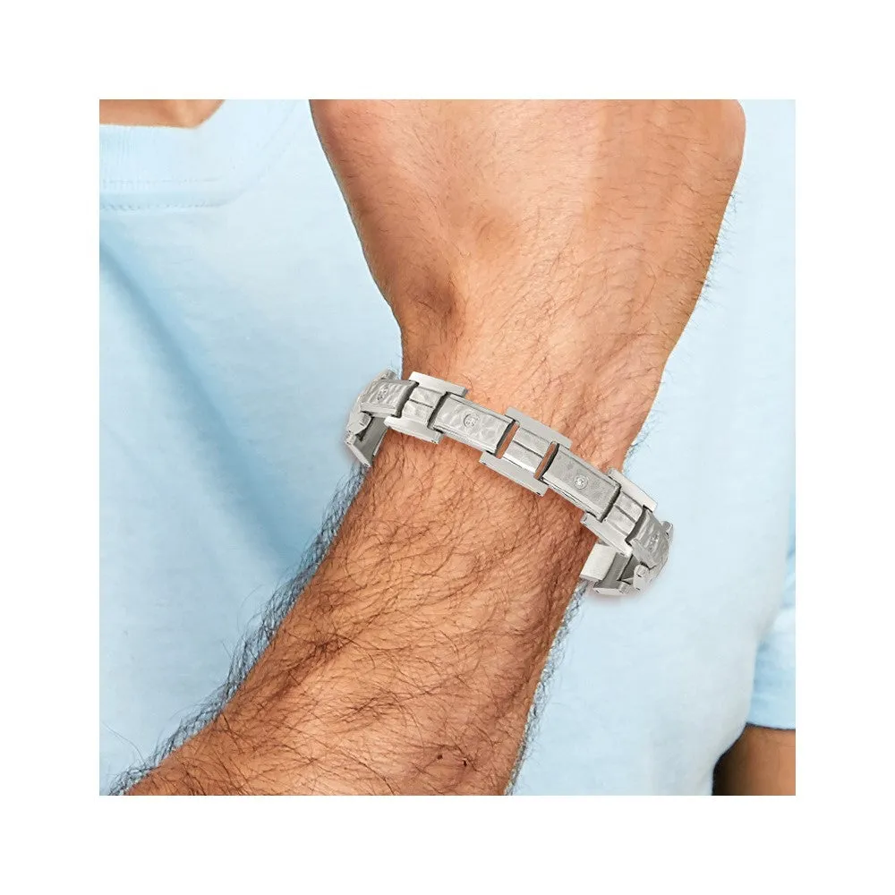 Chisel Stainless Steel Brushed Polished and Hammered with CZ 8.5 inch Bracelet