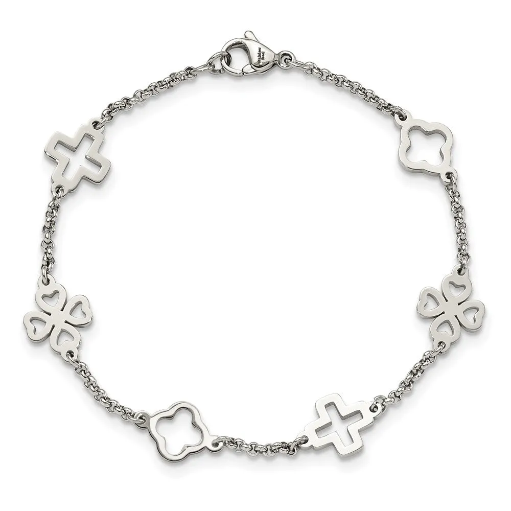Chisel Stainless Steel Polished Cross and Clovers 7.5 inch Bracelet
