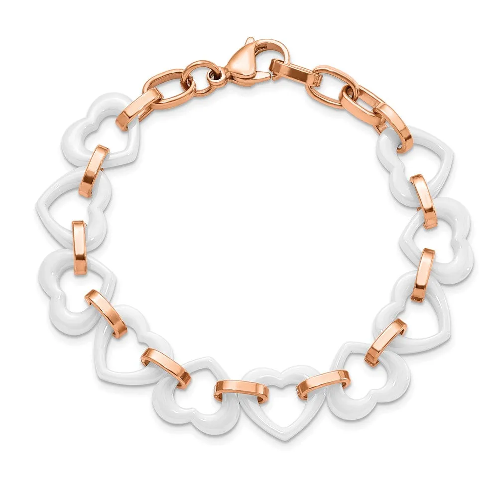 Chisel Stainless Steel Polished Rose IP-plated with White Ceramic Heart Links 7.25 inch Bracelet with .75 inch Extension