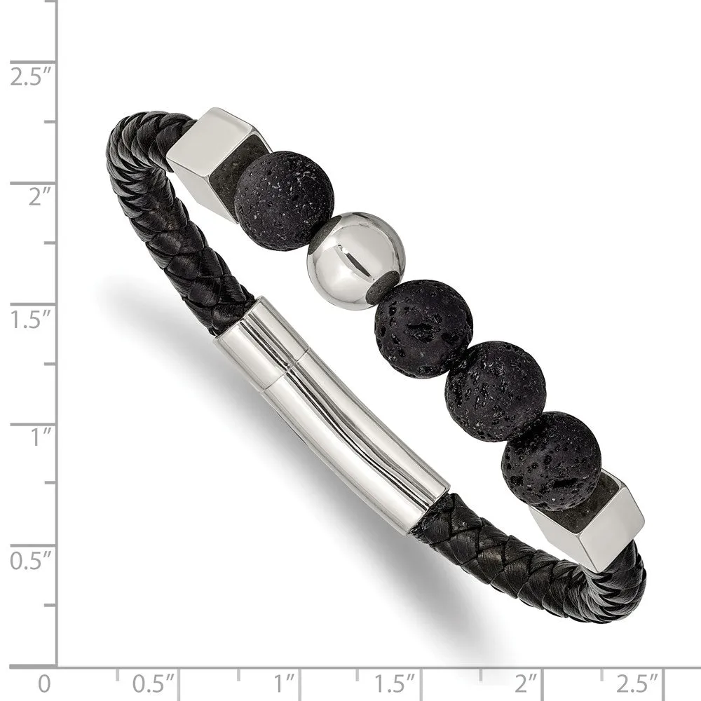 Chisel Stainless Steel Polished with Lava Stone Beads Black Leather 8 inch Bracelet