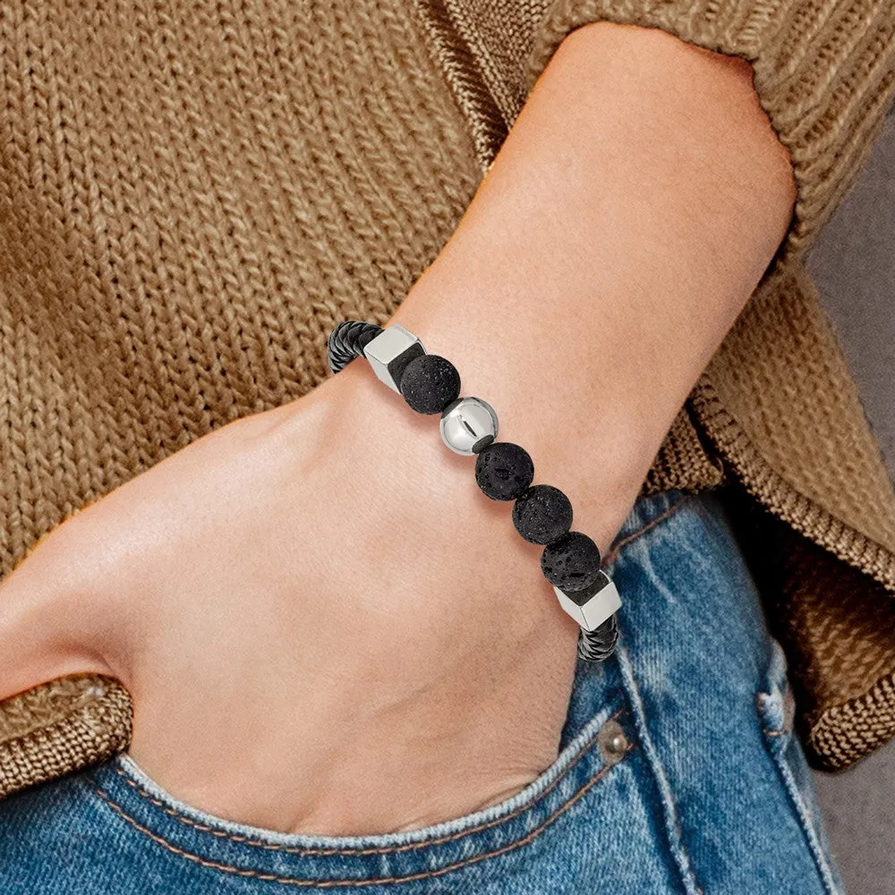 Chisel Stainless Steel Polished with Lava Stone Beads Black Leather 8 inch Bracelet