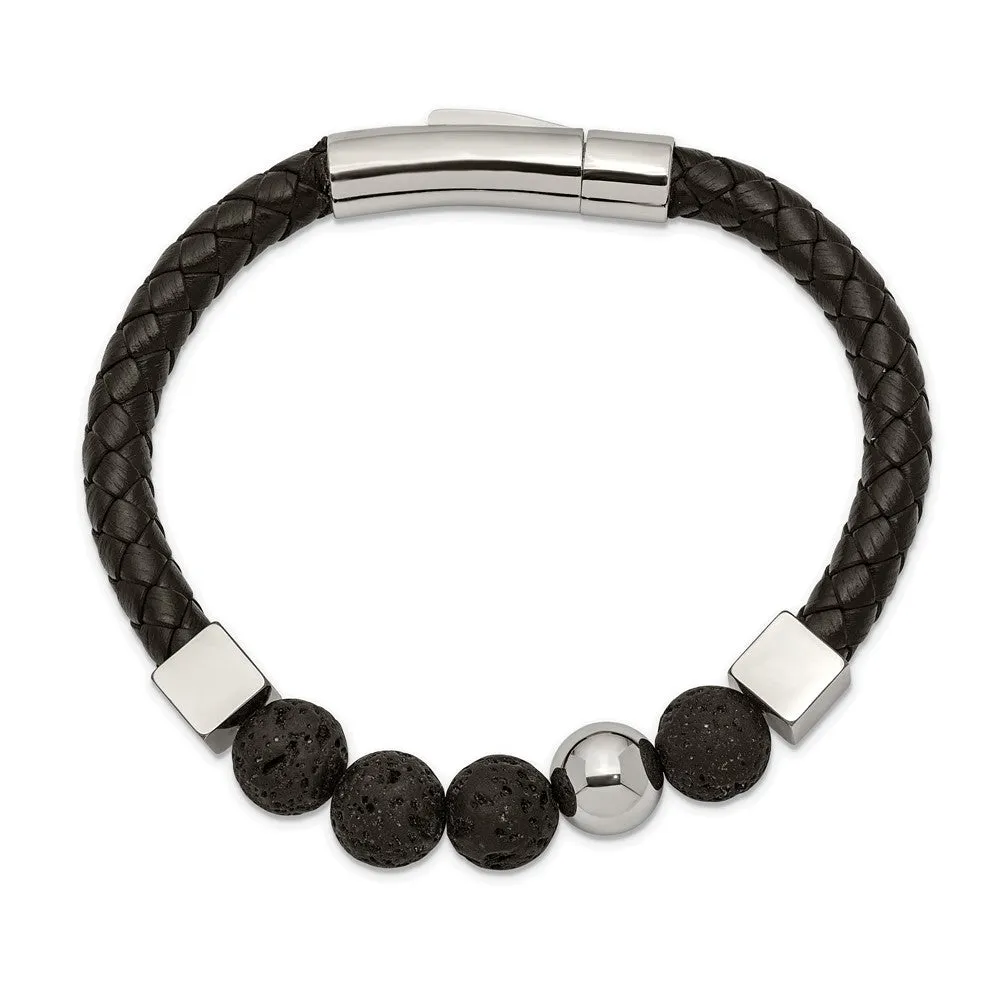 Chisel Stainless Steel Polished with Lava Stone Beads Black Leather 8 inch Bracelet