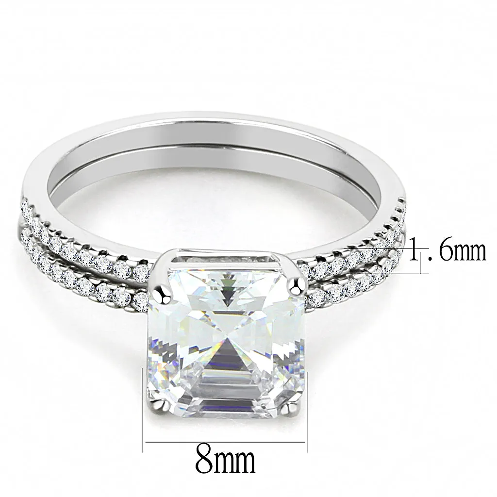CJ065 Wholesale Women's Stainless Steel Square Cut Cubic Zirconia Clear Solitaire Engagement Ring Set