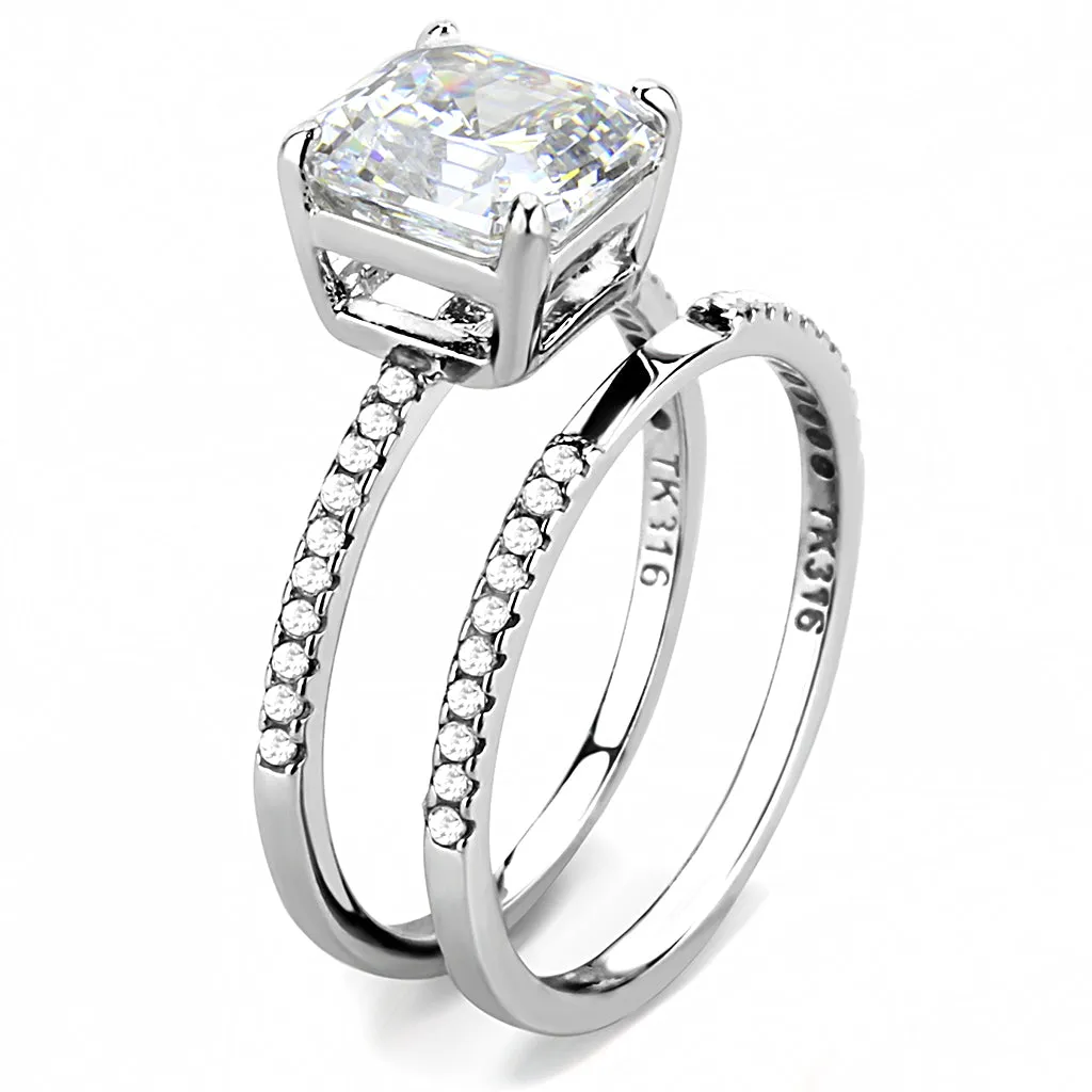 CJ065 Wholesale Women's Stainless Steel Square Cut Cubic Zirconia Clear Solitaire Engagement Ring Set