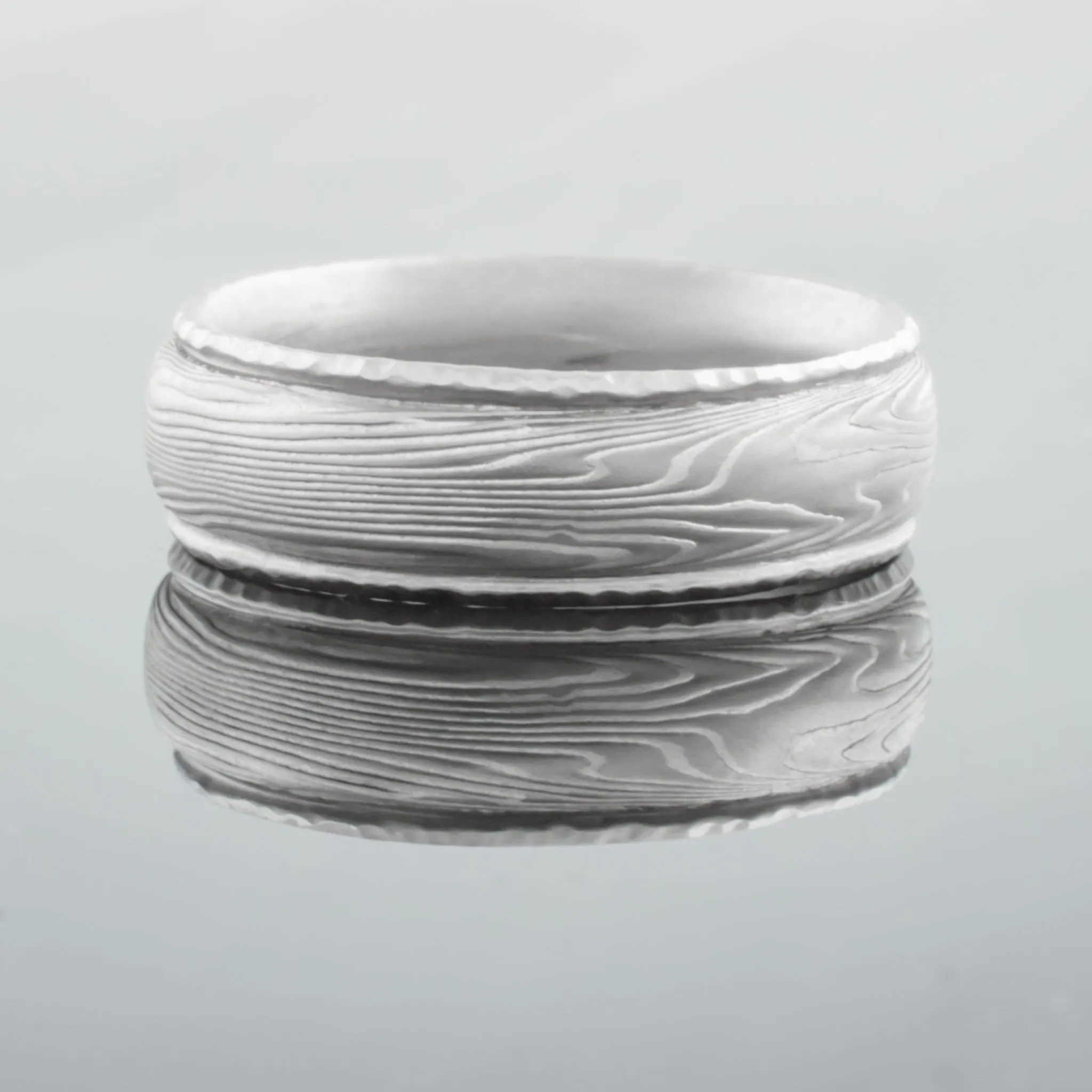 Classic Mokume Gane Band or Wedding Ring in Twist Pattern and Ash Palette with added hammered rails