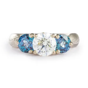 Classic Mokume Gane Ring or Wedding Ring in Smoke Palette and Twist Pattern with Prong Set Diamond & Alexandrite