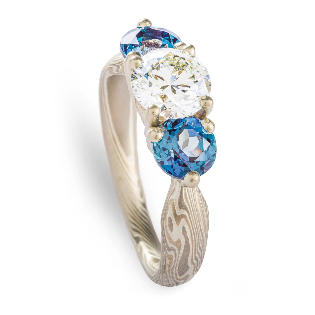 Classic Mokume Gane Ring or Wedding Ring in Smoke Palette and Twist Pattern with Prong Set Diamond & Alexandrite