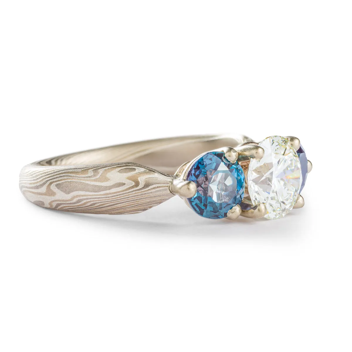 Classic Mokume Gane Ring or Wedding Ring in Smoke Palette and Twist Pattern with Prong Set Diamond & Alexandrite