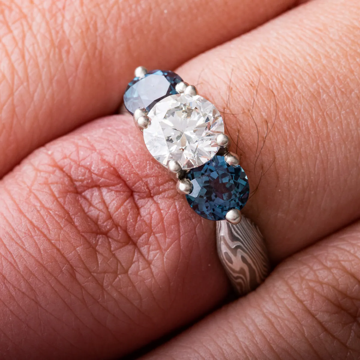 Classic Mokume Gane Ring or Wedding Ring in Smoke Palette and Twist Pattern with Prong Set Diamond & Alexandrite