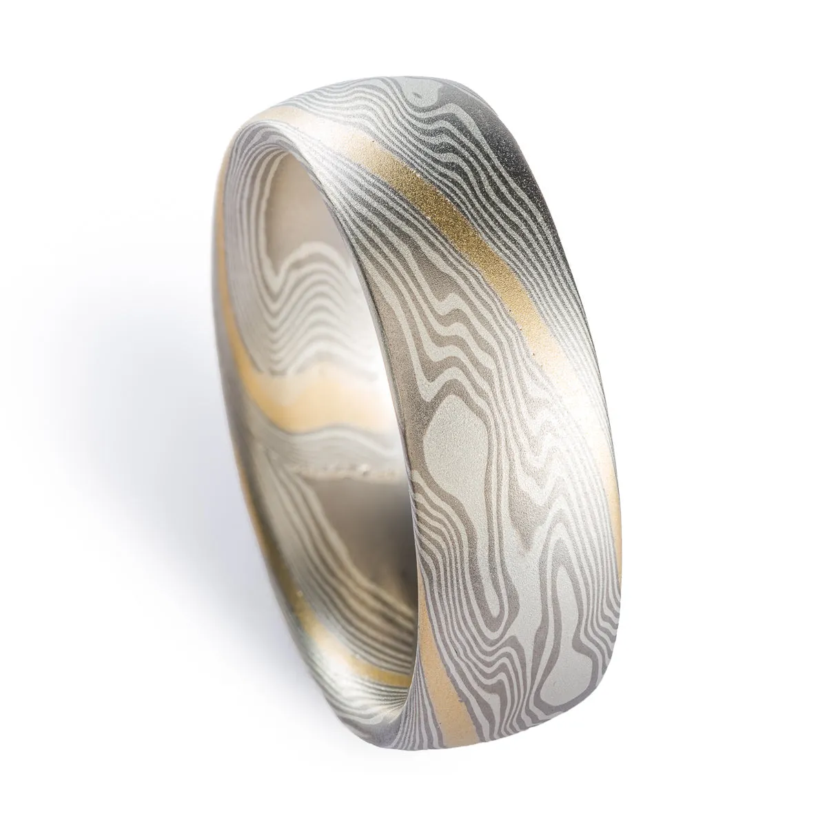 Classic Mokume Gane Ring or Wedding Ring in Twist Pattern and Ash Palette with Yellow Gold Stratum