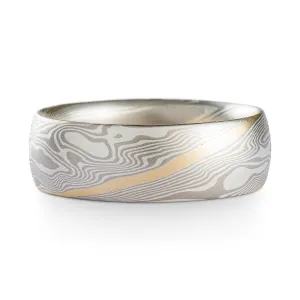 Classic Mokume Gane Ring or Wedding Ring in Twist Pattern and Ash Palette with Yellow Gold Stratum
