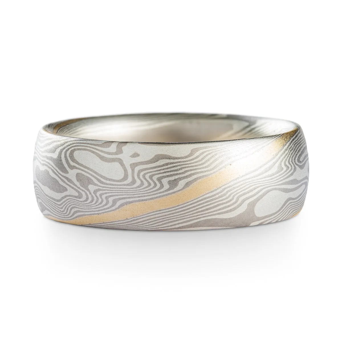 Classic Mokume Gane Ring or Wedding Ring in Twist Pattern and Ash Palette with Yellow Gold Stratum