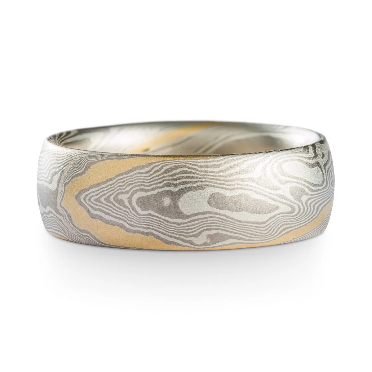 Classic Mokume Gane Ring or Wedding Ring in Twist Pattern and Ash Palette with Yellow Gold Stratum